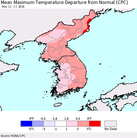 Korea Mean Maximum Temperature Departure from Normal (CPC) Thematic Map For 3/11/2024 - 3/17/2024