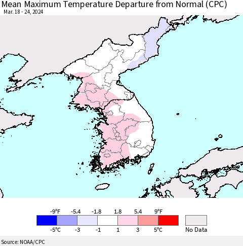 Korea Mean Maximum Temperature Departure from Normal (CPC) Thematic Map For 3/18/2024 - 3/24/2024