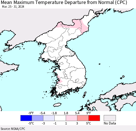 Korea Mean Maximum Temperature Departure from Normal (CPC) Thematic Map For 3/25/2024 - 3/31/2024