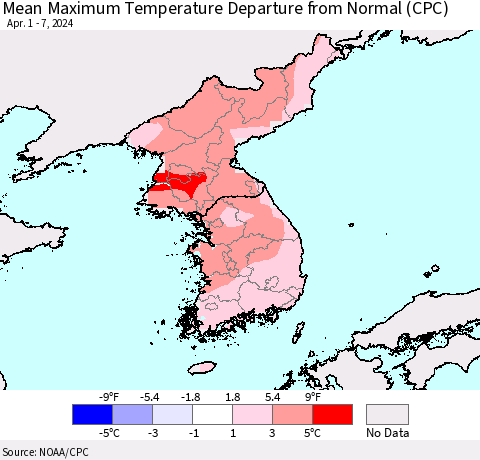 Korea Mean Maximum Temperature Departure from Normal (CPC) Thematic Map For 4/1/2024 - 4/7/2024