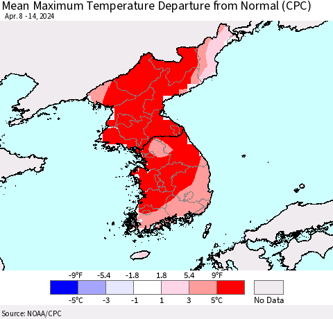 Korea Mean Maximum Temperature Departure from Normal (CPC) Thematic Map For 4/8/2024 - 4/14/2024