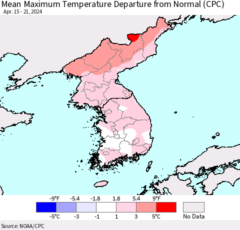 Korea Mean Maximum Temperature Departure from Normal (CPC) Thematic Map For 4/15/2024 - 4/21/2024