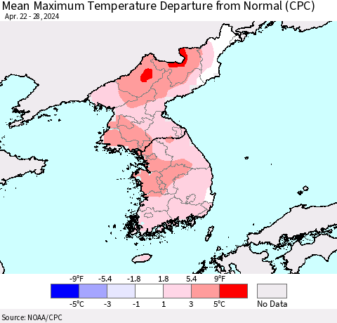 Korea Mean Maximum Temperature Departure from Normal (CPC) Thematic Map For 4/22/2024 - 4/28/2024