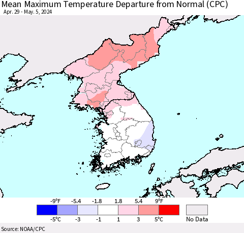 Korea Mean Maximum Temperature Departure from Normal (CPC) Thematic Map For 4/29/2024 - 5/5/2024