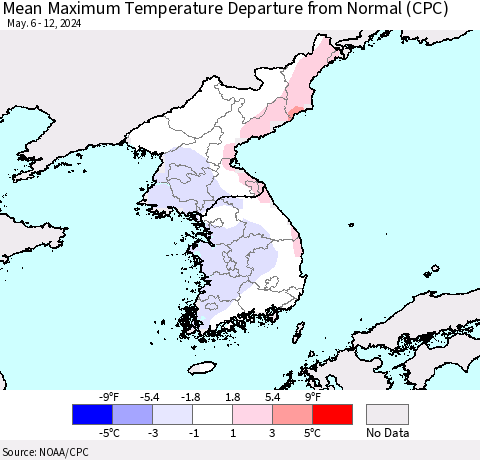Korea Mean Maximum Temperature Departure from Normal (CPC) Thematic Map For 5/6/2024 - 5/12/2024
