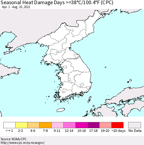 Korea Seasonal Heat Damage Days >=38°C/100°F (CPC) Thematic Map For 4/1/2021 - 8/10/2021