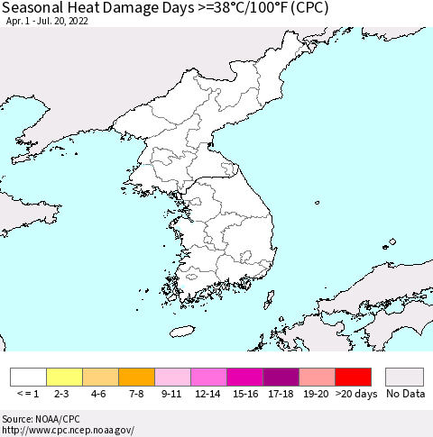 Korea Seasonal Heat Damage Days >=38°C/100°F (CPC) Thematic Map For 4/1/2022 - 7/20/2022