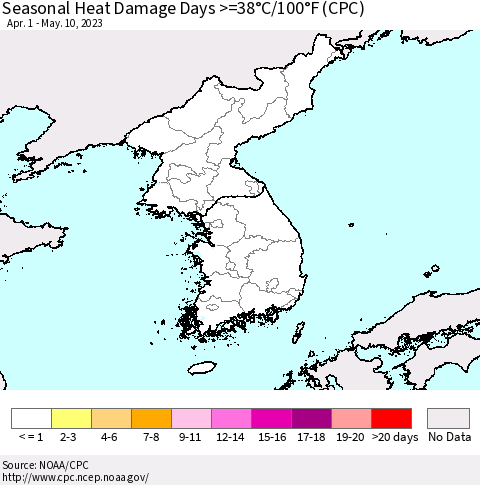 Korea Seasonal Heat Damage Days >=38°C/100°F (CPC) Thematic Map For 4/1/2023 - 5/10/2023