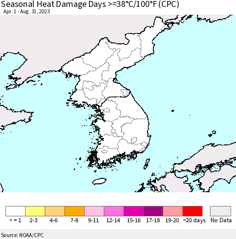 Korea Seasonal Heat Damage Days >=38°C/100°F (CPC) Thematic Map For 4/1/2023 - 8/31/2023