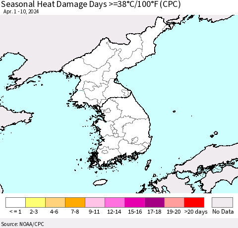 Korea Seasonal Heat Damage Days >=38°C/100°F (CPC) Thematic Map For 4/1/2024 - 4/10/2024