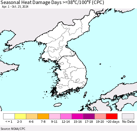 Korea Seasonal Heat Damage Days >=38°C/100°F (CPC) Thematic Map For 4/1/2024 - 10/25/2024
