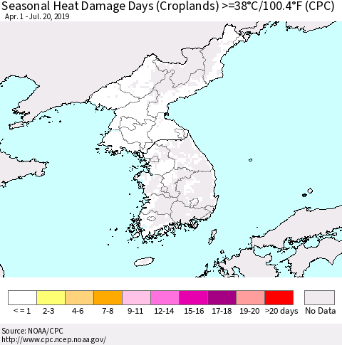 Korea Seasonal Heat Damage Days (Croplands) >=38°C/100°F (CPC) Thematic Map For 4/1/2019 - 7/20/2019