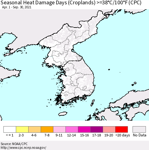 Korea Seasonal Heat Damage Days (Croplands) >=38°C/100°F (CPC) Thematic Map For 4/1/2021 - 9/30/2021