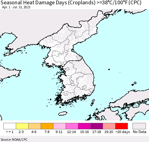 Korea Seasonal Heat Damage Days (Croplands) >=38°C/100°F (CPC) Thematic Map For 4/1/2023 - 7/31/2023