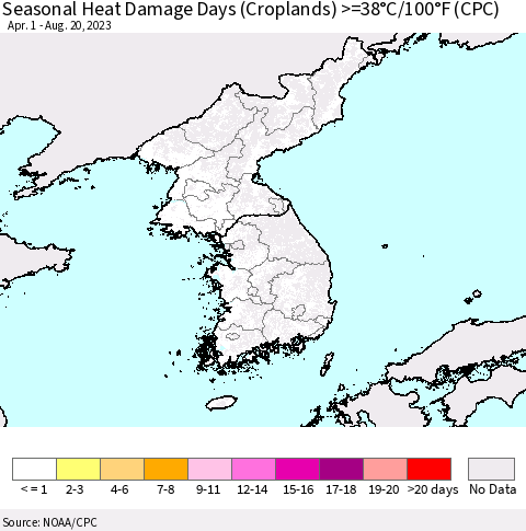 Korea Seasonal Heat Damage Days (Croplands) >=38°C/100°F (CPC) Thematic Map For 4/1/2023 - 8/20/2023