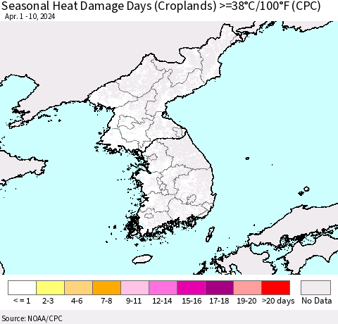 Korea Seasonal Heat Damage Days (Croplands) >=38°C/100°F (CPC) Thematic Map For 4/1/2024 - 4/10/2024