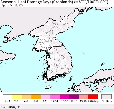 Korea Seasonal Heat Damage Days (Croplands) >=38°C/100°F (CPC) Thematic Map For 4/1/2024 - 10/15/2024