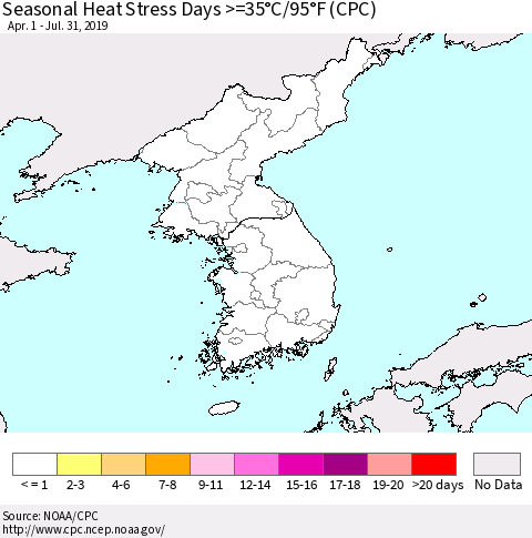 Korea Seasonal Heat Stress Days >=35°C/95°F (CPC) Thematic Map For 4/1/2019 - 7/31/2019