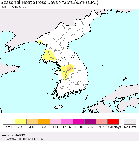 Korea Seasonal Heat Stress Days >=35°C/95°F (CPC) Thematic Map For 4/1/2019 - 9/30/2019
