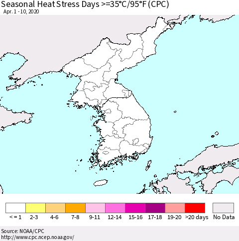 Korea Seasonal Heat Stress Days >=35°C/95°F (CPC) Thematic Map For 4/1/2020 - 4/10/2020