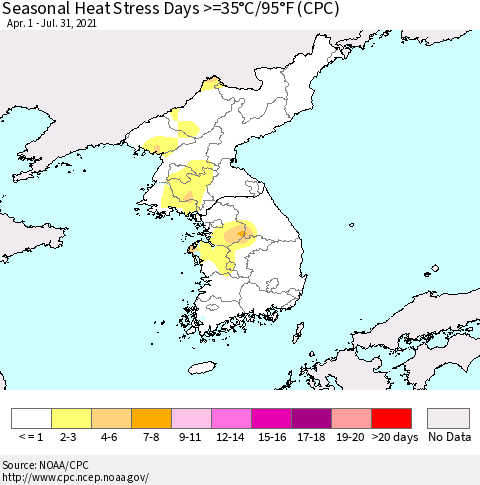 Korea Seasonal Heat Stress Days >=35°C/95°F (CPC) Thematic Map For 4/1/2021 - 7/31/2021
