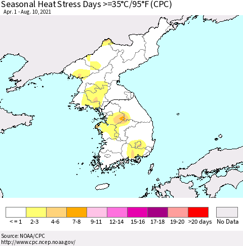 Korea Seasonal Heat Stress Days >=35°C/95°F (CPC) Thematic Map For 4/1/2021 - 8/10/2021