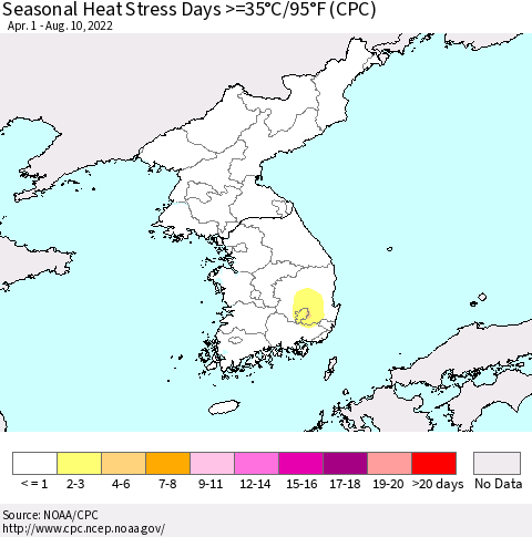 Korea Seasonal Heat Stress Days >=35°C/95°F (CPC) Thematic Map For 4/1/2022 - 8/10/2022