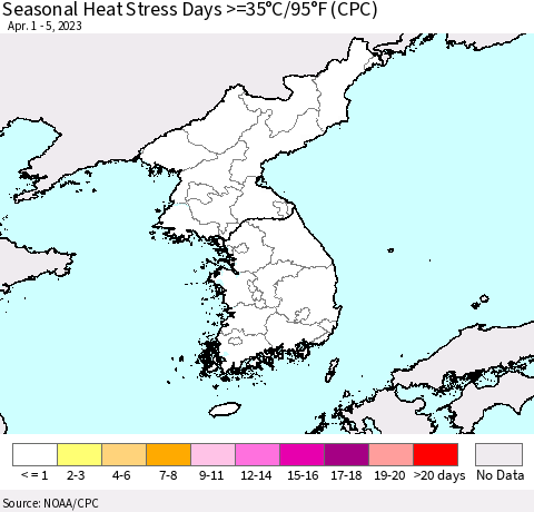 Korea Seasonal Heat Stress Days >=35°C/95°F (CPC) Thematic Map For 4/1/2023 - 4/5/2023