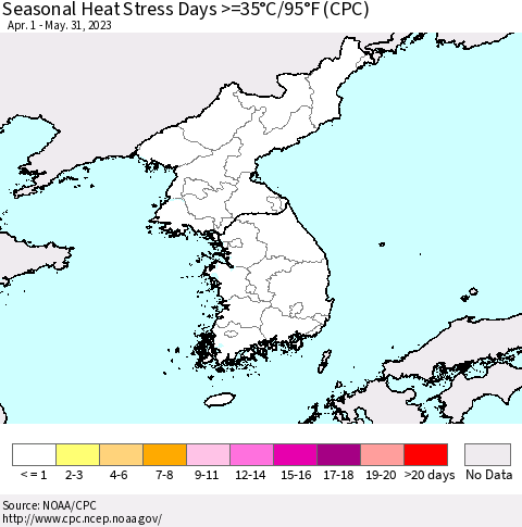 Korea Seasonal Heat Stress Days >=35°C/95°F (CPC) Thematic Map For 4/1/2023 - 5/31/2023
