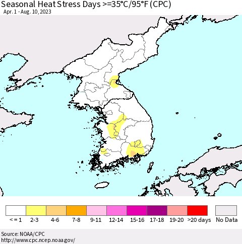 Korea Seasonal Heat Stress Days >=35°C/95°F (CPC) Thematic Map For 4/1/2023 - 8/10/2023