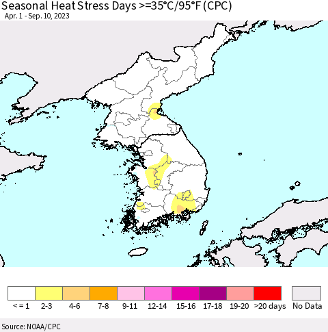 Korea Seasonal Heat Stress Days >=35°C/95°F (CPC) Thematic Map For 4/1/2023 - 9/10/2023
