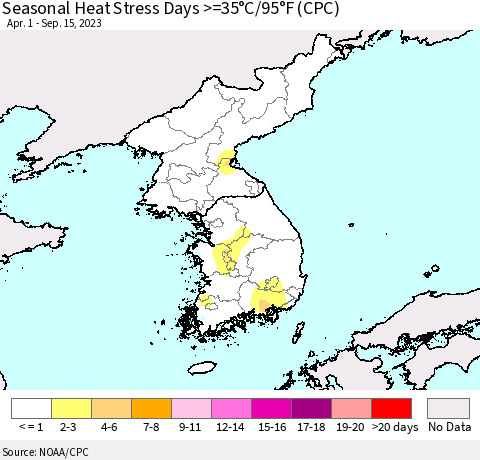 Korea Seasonal Heat Stress Days >=35°C/95°F (CPC) Thematic Map For 4/1/2023 - 9/15/2023