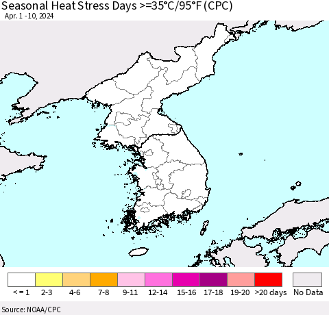 Korea Seasonal Heat Stress Days >=35°C/95°F (CPC) Thematic Map For 4/1/2024 - 4/10/2024