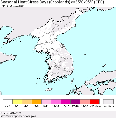 Korea Seasonal Heat Stress Days (Croplands) >=35°C/95°F (CPC) Thematic Map For 4/1/2019 - 7/10/2019