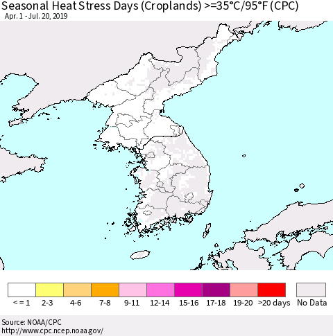 Korea Seasonal Heat Stress Days (Croplands) >=35°C/95°F (CPC) Thematic Map For 4/1/2019 - 7/20/2019