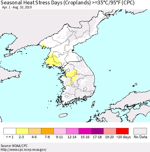 Korea Seasonal Heat Stress Days (Croplands) >=35°C/95°F (CPC) Thematic Map For 4/1/2019 - 8/10/2019