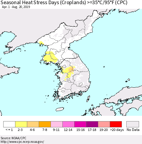 Korea Seasonal Heat Stress Days (Croplands) >=35°C/95°F (CPC) Thematic Map For 4/1/2019 - 8/20/2019