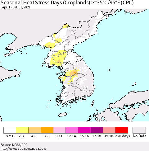 Korea Seasonal Heat Stress Days (Croplands) >=35°C/95°F (CPC) Thematic Map For 4/1/2021 - 7/31/2021