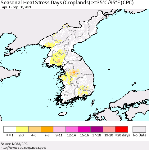 Korea Seasonal Heat Stress Days (Croplands) >=35°C/95°F (CPC) Thematic Map For 4/1/2021 - 9/30/2021