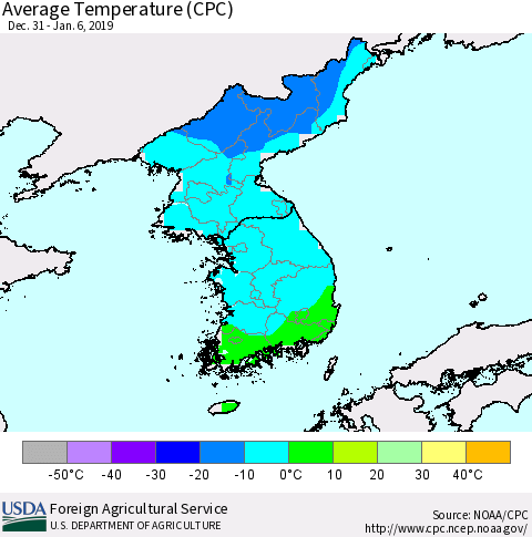 Korea Average Temperature (CPC) Thematic Map For 12/31/2018 - 1/6/2019
