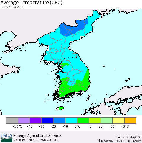 Korea Average Temperature (CPC) Thematic Map For 1/7/2019 - 1/13/2019