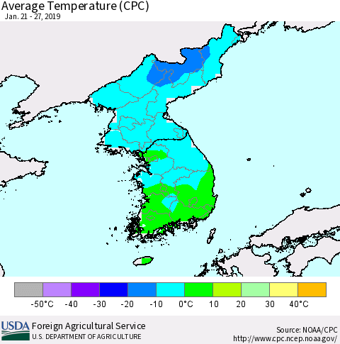Korea Average Temperature (CPC) Thematic Map For 1/21/2019 - 1/27/2019