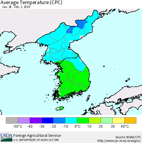 Korea Average Temperature (CPC) Thematic Map For 1/28/2019 - 2/3/2019