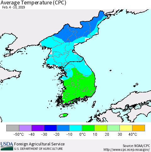 Korea Average Temperature (CPC) Thematic Map For 2/4/2019 - 2/10/2019