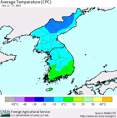 Korea Average Temperature (CPC) Thematic Map For 2/11/2019 - 2/17/2019