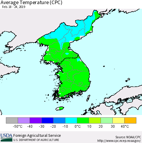 Korea Average Temperature (CPC) Thematic Map For 2/18/2019 - 2/24/2019