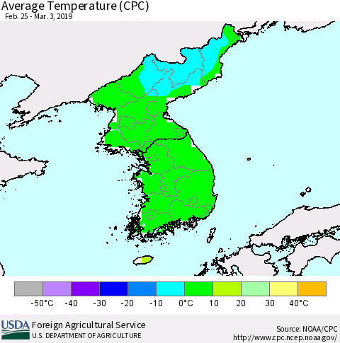 Korea Average Temperature (CPC) Thematic Map For 2/25/2019 - 3/3/2019