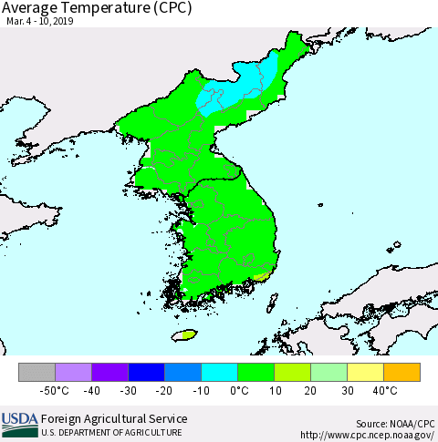 Korea Average Temperature (CPC) Thematic Map For 3/4/2019 - 3/10/2019