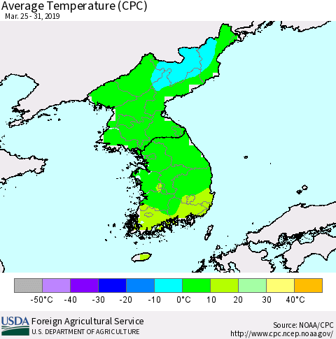 Korea Average Temperature (CPC) Thematic Map For 3/25/2019 - 3/31/2019