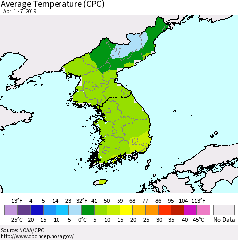 Korea Average Temperature (CPC) Thematic Map For 4/1/2019 - 4/7/2019